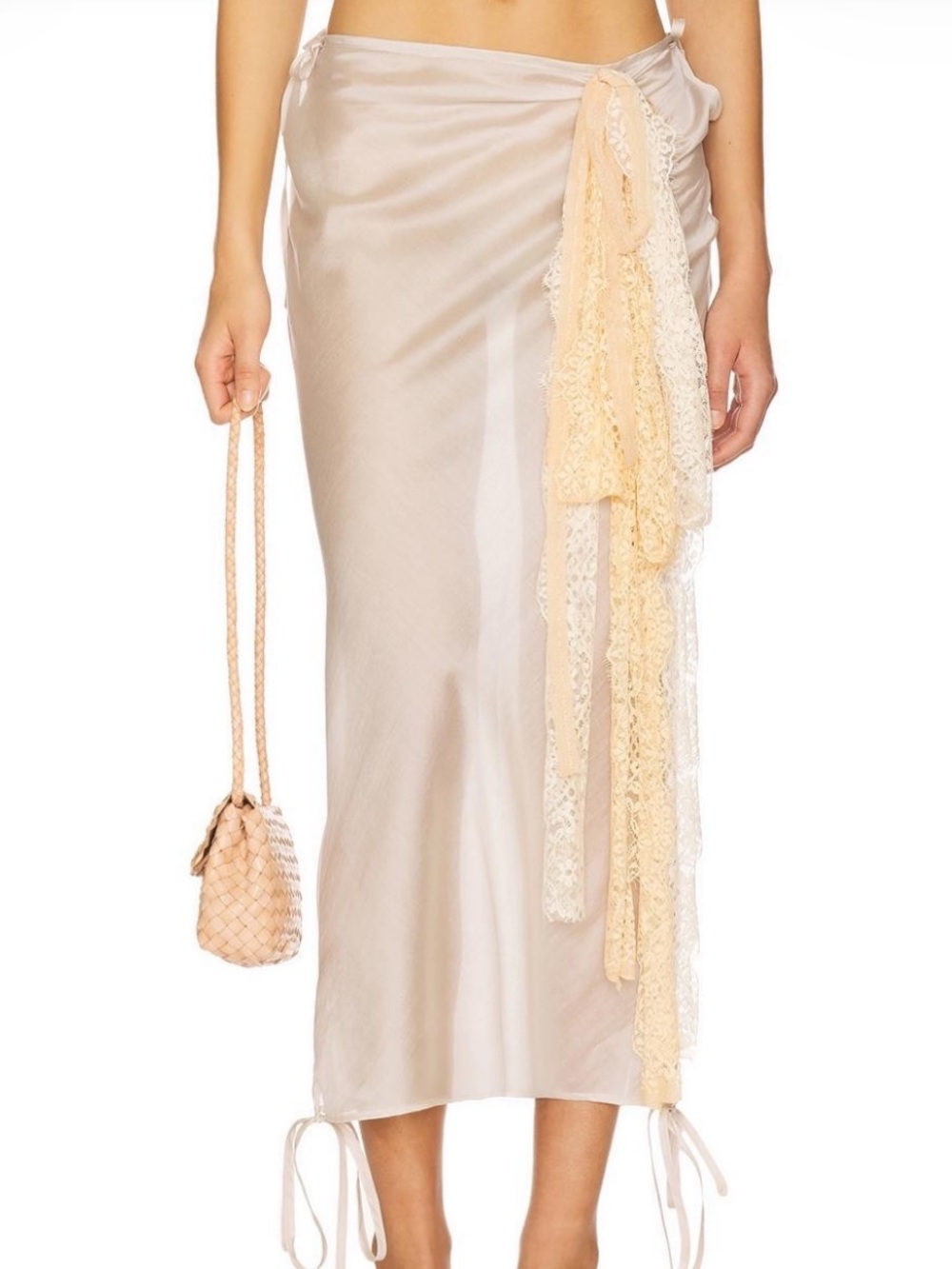 Women’s Cream Satin Tie-Waist Skirt with Lace Detail
